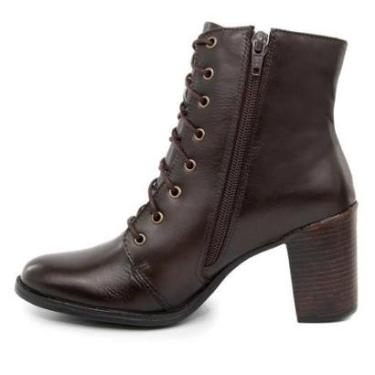 Imagem de Bota Couro Feminina Cano Médio Salto Bloco Fachete Médio Bico Fino Cadarço Casual Café-...