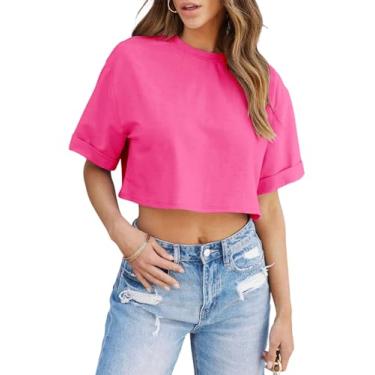 Imagem de Tankaneo Camisetas femininas cropped meia manga ombro caído tops Y2K casual verão básico camisetas, Vermelho rosa, P