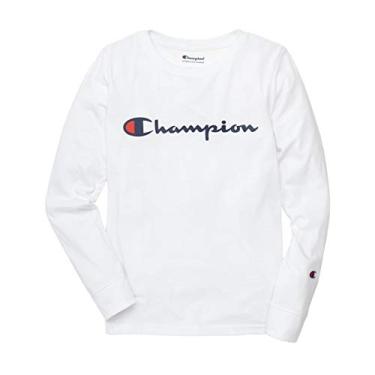 Imagem de Champion Camiseta masculina manga longa logotipo clássico assinatura (tamanho: 8-20), Branco, 8-10