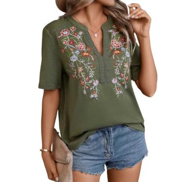 Imagem de GORGLITTER Camiseta feminina de verão com bordado floral de manga curta com patchwork e gola entalhada, Verde militar, P