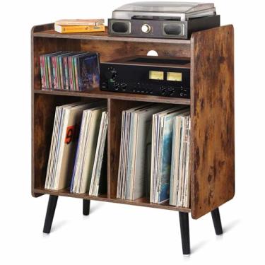 Imagem de Possile Suporte para toca-discos vintage de 3 camadas, mesa de armazenamento de discos de vinil de meados do século comporta até 100 álbuns, suporte grande de madeira para sala de estar, escritório,