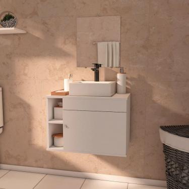 Imagem de Gabinete Armário para Banheiro com Espelho e Cuba Mármore Sintético 60cm Branco