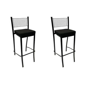 Imagem de Kit 2 Banquetas alta para cozinha Empilhável preta assento em linho co