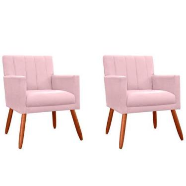 Imagem de Kit 2 Poltronas Decorativa Cecília Suede Rosa Bebê Pés Madeira Ms Deco