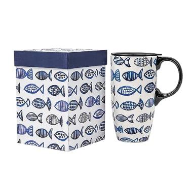 Imagem de DUSVALLY Caneca de cerâmica xícara de café alta com tampa, xícara de chá latte de porcelana com alça para café com leite, cappuccino e cacau, dormitório, quarto e escritório, 500 ml, peixe