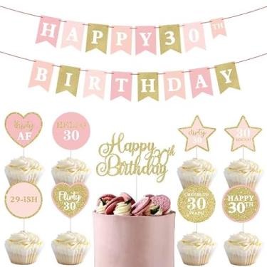 Imagem de BIABISD Decorações de aniversário de 30 anos para ela, faixa de feliz aniversário de 30 anos, topo de bolo feliz 30º aniversário, enfeite de cupcake para decoração de 30 anos