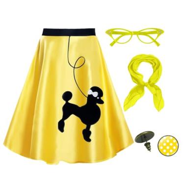 Imagem de Knemksplanet Saias midi poodle femininas dos anos 50, 4 peças, acessórios de fantasia dos anos 50, cachecol e brincos de bolinhas, Amarelo, Large