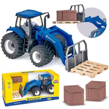 Imagem de Brinquedo Trator New Holland T8 Empilhadeira Miniatura Realista Para B