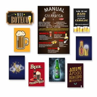 Imagem de Kit 9 Placas Decorativas Cantinho Churrasco Bebidas Bar Cerveja - Vint