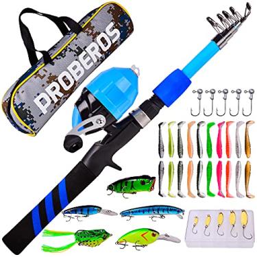 Imagem de PROBEROS Vara de Pesca Infantil-Kit Combinado de Vara de Pesca Telescópica Portátil E Carretel-Carretel de Pesca Spincast Varas de Fundição com Iscas, Linhas, Caixa de Equipamentos E Bolsa para Menino
