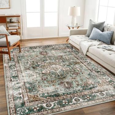 Imagem de CHAMPLANT Tapete verde lavável de 1,8 m x 2,8 m, boêmio, chique, medalhão, design envelhecido, não cai, fácil de cuidar, ideal para áreas de alto tráfego na sala de estar, quarto, escritório, cozinha,