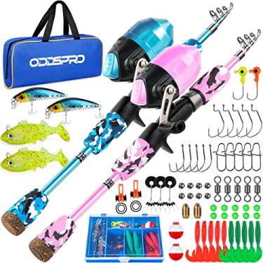 Imagem de ODDSPRO Vara de Pesca Infantil - Kit Inicial de Pesca Infantil - com Caixa de Equipamento, Carretel, Plug de Prática, Guia para Iniciantes e Bolsa de Viagem para Meninos, Meninas(2 Pacotes(Azul + Rosa
