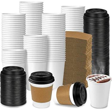 Imagem de Ginkgo Pacote com 100 xícaras de café descartáveis engrossadas de 236 ml com tampas e mangas para bebidas quentes – Perfeito para café quente, cacau e mais