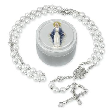 Imagem de SUTANALE Colar feminino de terço de pérola de vidro de 8 mm - Contas de oração católica com caixa de presente, joias religiosas feitas à mão para batismo, primeira comunhão, 19 inches, Pérola de vidro