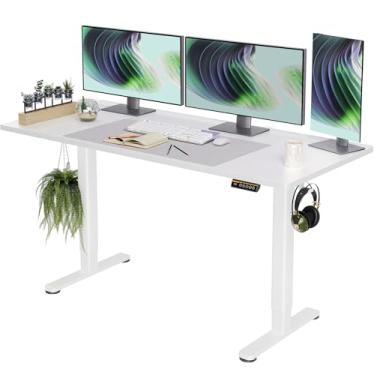 Imagem de Claiks Mesa de pé elétrica, mesa de pé de altura ajustável, 150 x 60 cm, mesa de escritório em casa com placa de emenda, moldura branca/parte superior branca