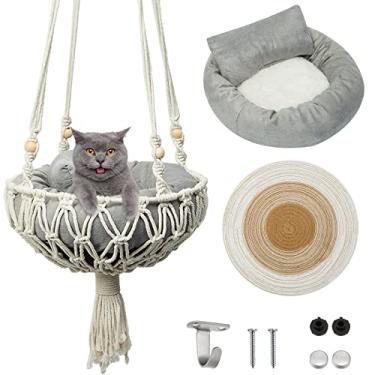 Imagem de 3 peças rede de macramê para gatos, incluindo cama de gato boho, arranhador de gato arranhador de gato arranhador de gato balanço para janela de gato pendurado poleiro para gato cachorro pequeno dormindo brincando escalar