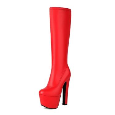 Imagem de Rock88 Botas de cano alto femininas com plataforma empilhada, salto bloco com zíper lateral, botas altas elásticas com bico redondo para festas e eventos, vermelha, 44
