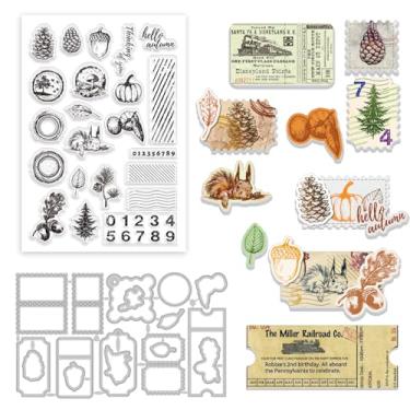 Imagem de GLOBLELAND Conjunto de carimbos e moldes de corte de etiquetas de carimbos transparentes de abóbora, pinhas de outono, números laranjas, selos transparentes de silicone e folhas de pinhas de metal