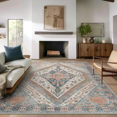 Imagem de Bavni Tapetes de área de 20 x 25 cm, lavável à máquina, borracha antiderrapante, tapete macio vintage, tapete grande para sala de estar, sala de jogos, sala de jantar, cinza/azul