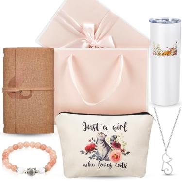 Imagem de Zhanmai 6 peças de presente de Natal para meninas, caderno, copo de aço inoxidável, colar, pulseira, bolsa de cosméticos com caixas de presente rosa para amantes, presente equestre de Natal (gato)