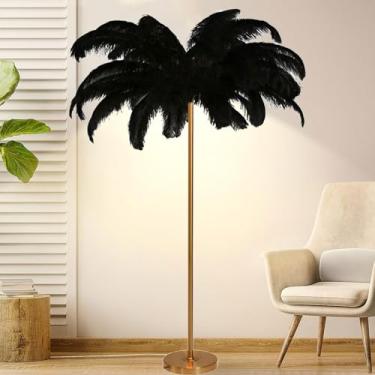 Imagem de Luminária de chão, luminária de pé nórdica, lâmpadas de piso de penas de 160 cm de altura com acabamento dourado e interruptor de pé, lâmpadas de penas reguláveis para quartos e sala de estar