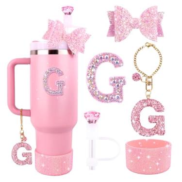 Imagem de Lingdeer Conjunto de acessórios rosa para Stanley Cup 850.5 g 1,134.0 g, pingentes de letras brilhantes, capa de palha de diamante, bota de silicone com glitter, adesivo personalizado, enfeite de