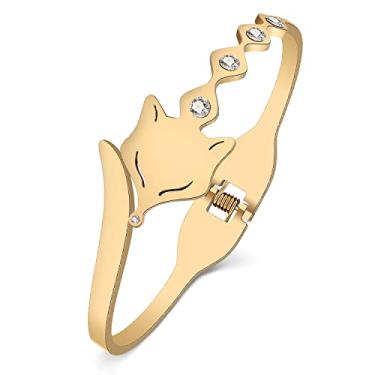 Imagem de DALANE Pulseira de aço inoxidável prata banhado a ouro 18 K com strass para gatos, presente para mulheres, meninas, acessórios de joias (raposa banhada a ouro 18K), 20mm x 65mm, Aço inoxidável,