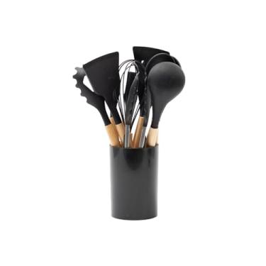 Imagem de Kit 11 utensílios de cozinha de silicone com cabo de madeira e suporte - Tud