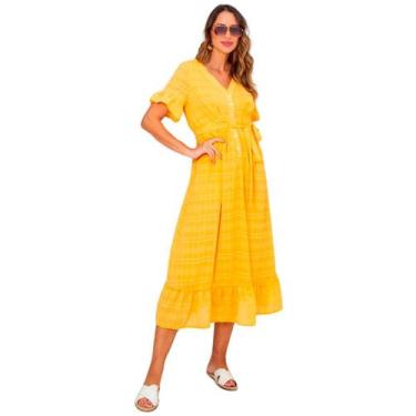 Imagem de Vestido midi manga curta em algodão texturizado com forro elegante - S