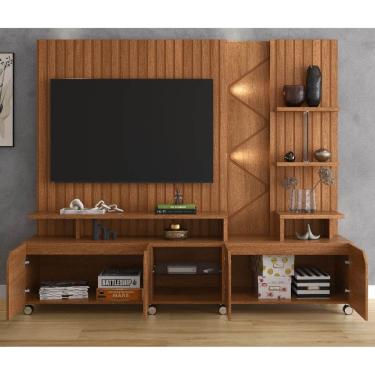 Imagem de Estante Home Cross para TV até 55 Polegadas 4 Portas Prateleiras Luz Led e Rodízio Jequitibá - Lukaliam