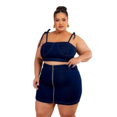 Imagem de Conjunto Jeans com Lycra Premium Cropped e Short Saia Plus Size - PODE