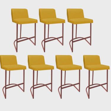 Imagem de Kit 07 Banquetas Com Encosto Noah Luxo Confort Bistrô Cozinha Ferro Bronze Sintético Amarelo - Ahz Móveis