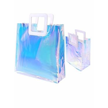Imagem de Woeoe Bolsa dupla reflexiva arco-íris - conjunto de bolsa transparente compatível com estádio com bordas em tom de joia (pequeno 17 x 7 grande 35 x 36 cm para equipamentos de fãs de esportes, Multi