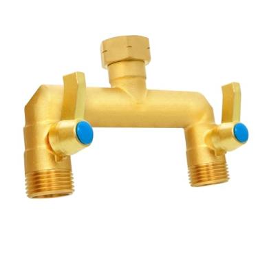 Imagem de Divisor de mangueira de jardim, fluxo total, divisor de mangueira de latão resistente de 2 vias com válvula de desligamento de metal e desvio de torneira de alça longa para uso externo, roscas de 1,9