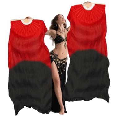 Imagem de Véu longo para ventilador de bambu Nimimiman vendido à mão chinês dança do ventre seda, Red-black, 1.8mx0.9m