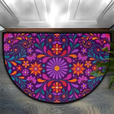 Imagem de GISPOG Tapete de porta meio redondo com flores mexicanas, tapete de entrada interna, tapete de área semicircular, tapetes de cozinha antiderrapantes e absorventes, tapete de lavanderia 61 cm x 91 cm