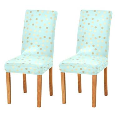 Imagem de Conjunto de 2 capas de assento laváveis para cadeira de cozinha com bolinhas douradas azul-petróleo