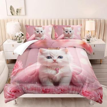Imagem de AILONEN Conjunto de edredom de gato branco 3D, tamanho solteiro, coroa fofa para decoração de quarto, 3 peças, 1 colcha + 2 fronhas, microfibra macia