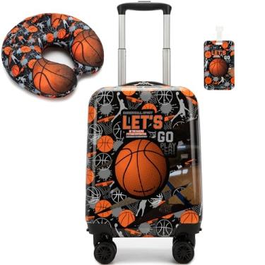 Imagem de Inprof Conjunto de mala infantil de 2 peças, bagagem rígida de 40,6 cm com rodas giratórias, meninas, meninos, bagagem de mão, bagagem de viagem, com rodinhas aprovadas por companhias aéreas, Basquete