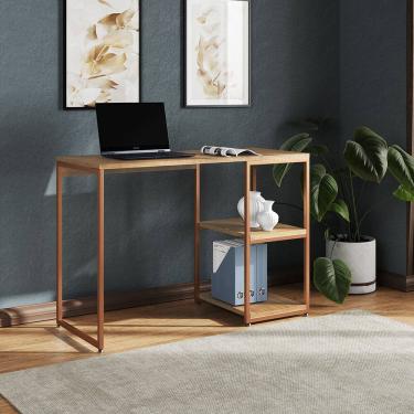Imagem de Mesa Escritório Berlim Industrial com Prateleira Ferro Cobre Tampo 110x46 Freijó
