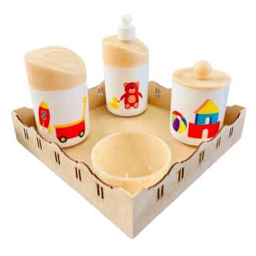 Imagem de Kit Higiene Baby Brinquedos Menino e Menina c/bandeja em MDF (Quadrada crua/madeira)