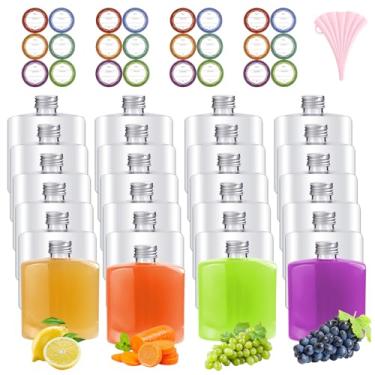 Imagem de JIABEIUS 24 garrafas de plástico com tampas, pequenas garrafas de suco reutilizáveis de 250 ml com tampas, funis e etiquetas, mini recipiente de bebidas transparente para bebidas, leite, água, álcool
