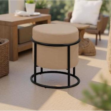 Imagem de Puff Banqueta Decorativo Redondo Base de Ferro Moscow Linho Bege