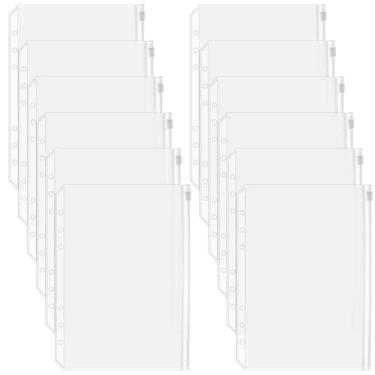 Imagem de SOFPLATE 12 bolsos para fichário A5 com 6 furos, envelopes econômicos, pastas transparentes com zíper, à prova d'água, PVC, 6 anéis, sacos de folhas soltas, fichários para agenda, documentos, lápis