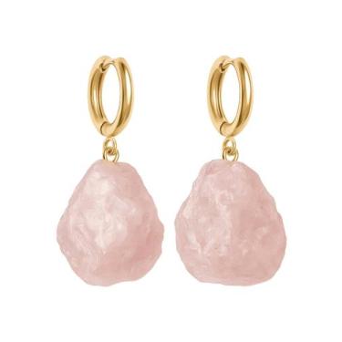 Imagem de Brinco de Argola Quartzo Rosa - Cristal Natural, Banho Ouro 18k