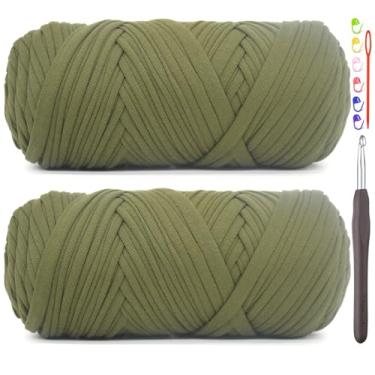 Imagem de Pacote com 2 fios de camiseta para crochê, camiseta verde, tecido elástico grosso, fio de crochê para iniciantes, bolsa de tricô à mão, cesta/porta-copos / artesanato faça você mesmo/decoração de casa