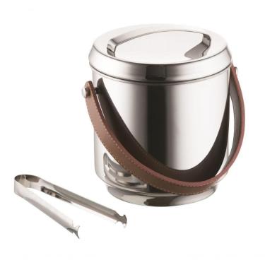 Imagem de Balde De Gelo Inox Com Alças De Couro Pinça 2,3 Litros Bar Balde Interno Removivel Para Guardar Gelo
