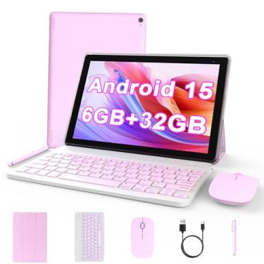 Imagem de Tablet Android 15 de 10 polegadas, tablet 2 em 1 com teclado. 6 GB de RAM + 32 GB de ROM, suporta tablets expansíveis de 1 TB, CPU quad-core, tela HD, BT, WiFi, tablets de longa duração da bateria com