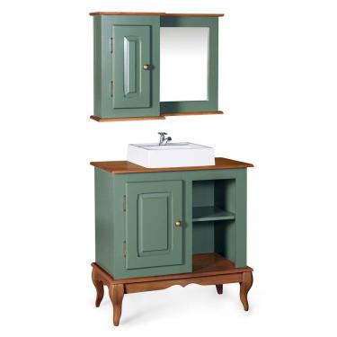 Imagem de Gabinete para Banheiro com Cuba e Armário Espelheira Dália 3051 - Verde Musgo/Imbuia Glazer