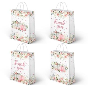 Imagem de Lofaris 24 sacos de embrulho de presente 16 x 8 x 22 cm, rosa e branco - bolsas de agradecimento com tema de outono com design floral em aquarela, elegantes sacos de papel com padrão de eucalipto rosa